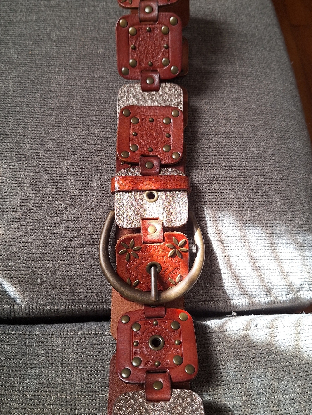 Brown Studded Leather Belt. Western, Hobo, Bohemian. Size Medium - Picture 2 of 11